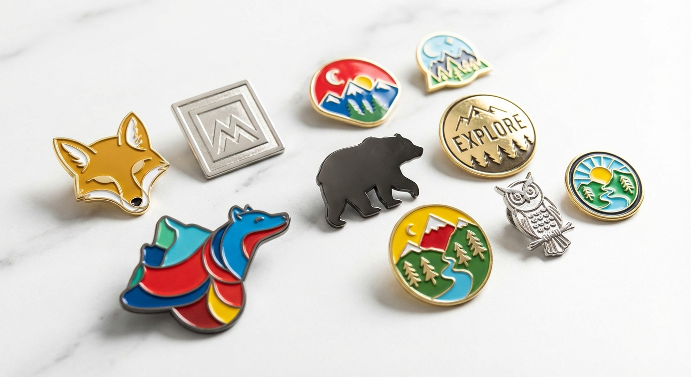 Collection of custom enamel pins showing hard enamel and soft enamel finishes in gold, silver, and black nickel plating