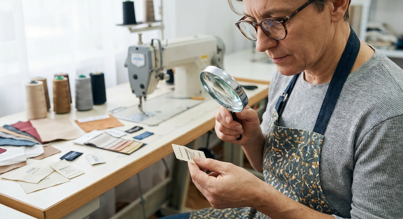 Quality control specialist examining woven label construction and edge finishing with magnifying glass