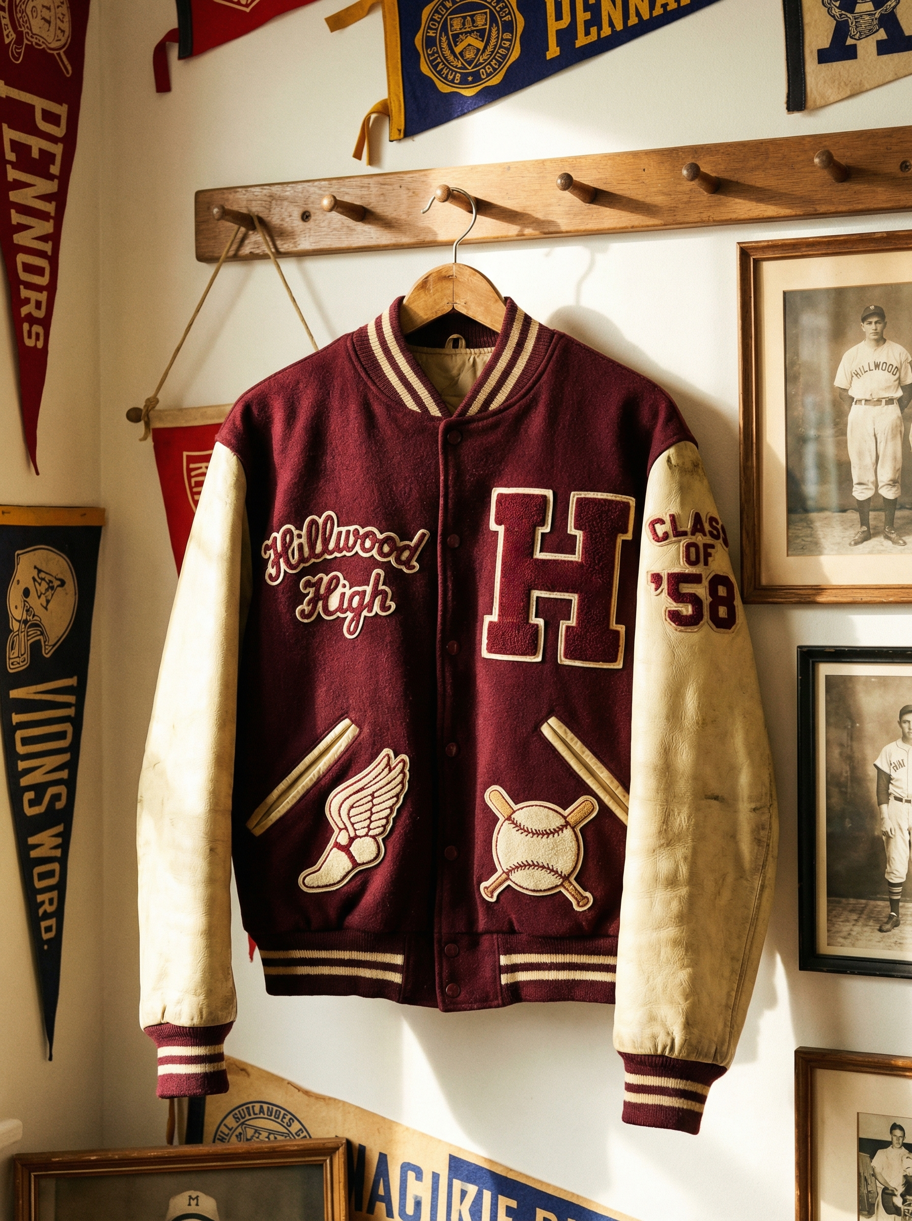Vintage letterman jacket with traditional chenille letter patches and school colors