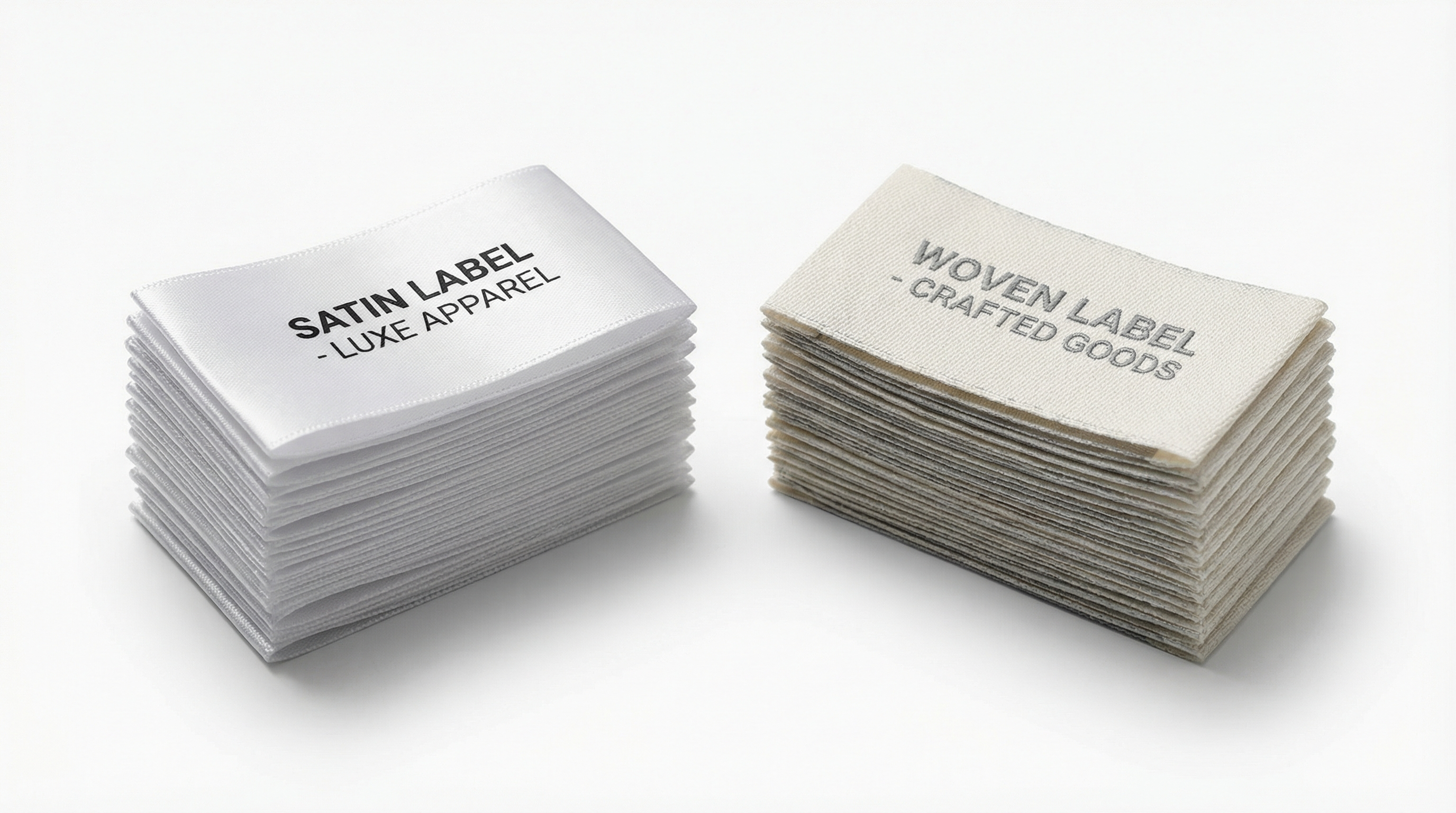 Satin labels vs woven labels comparison showing glossy satin finish next to matte woven texture