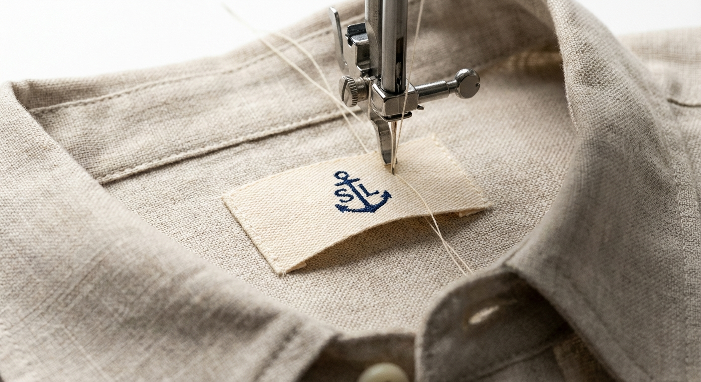 Custom woven clothing label sewn into garment collar showing thread detail