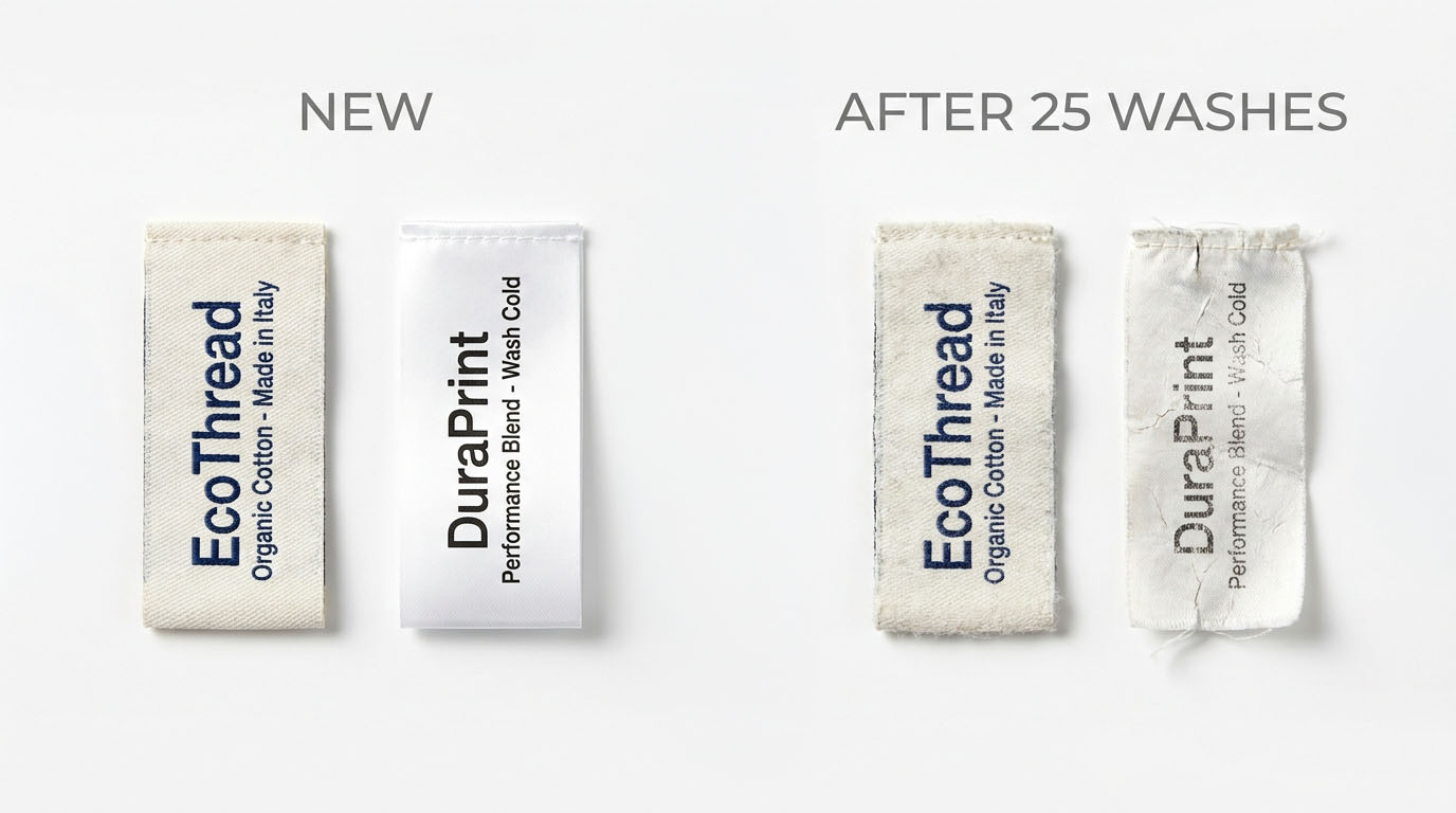 Label durability comparison showing fabric labels vs printed labels after multiple wash cycles