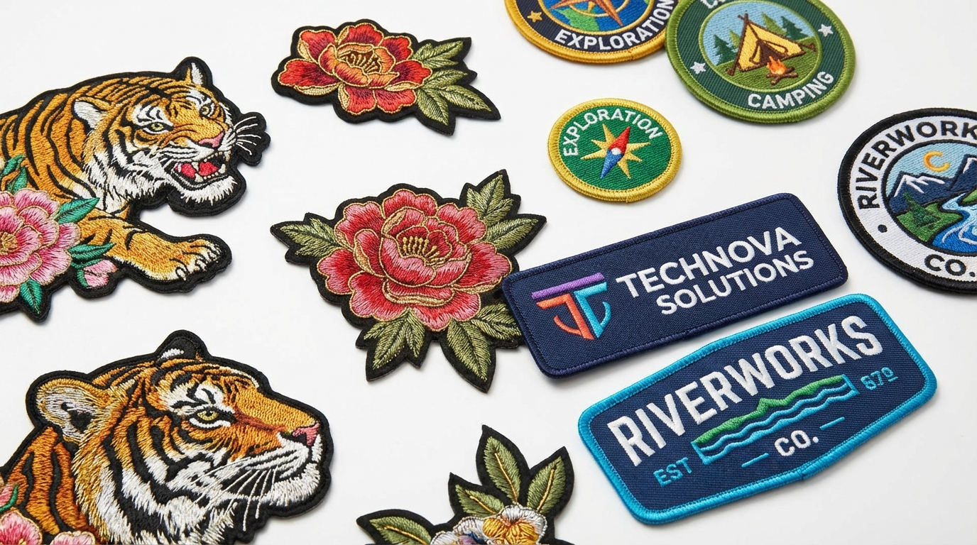 Custom embroidered patches guide showing various types and designs for uniform and apparel applications