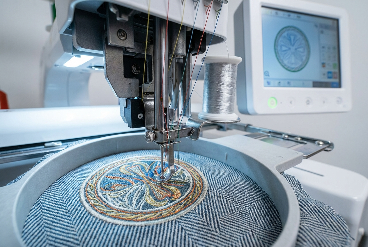Embroidered patch manufacturing process showing detailed thread work and professional craftsmanship