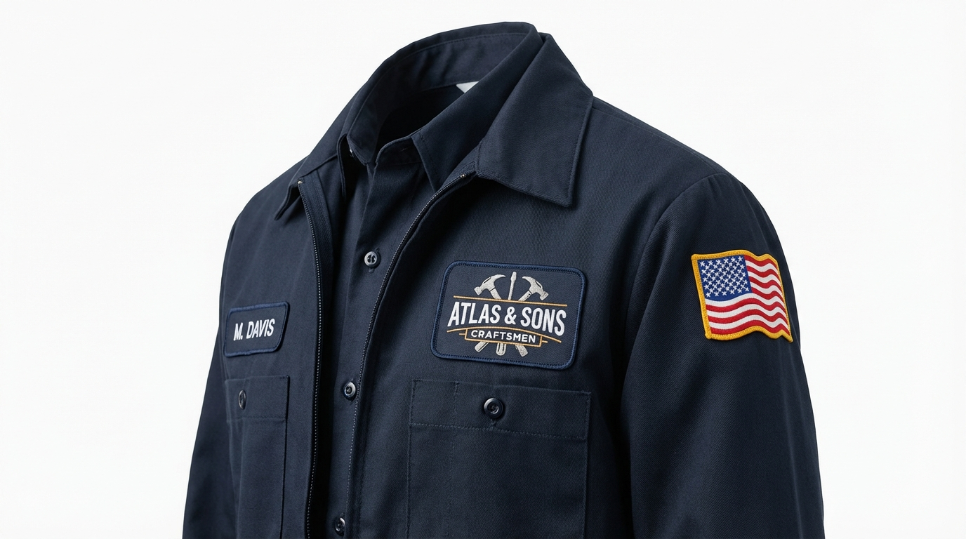Custom embroidered patches sewn onto navy work uniforms showing company logo, name, and flag patches