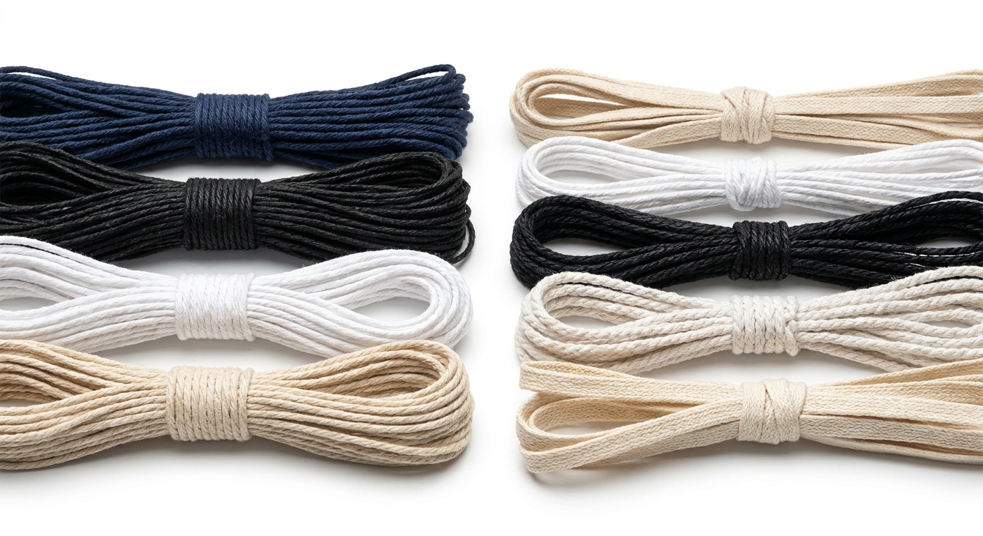 Premium hang tag strings in multiple colors showing different materials and textures