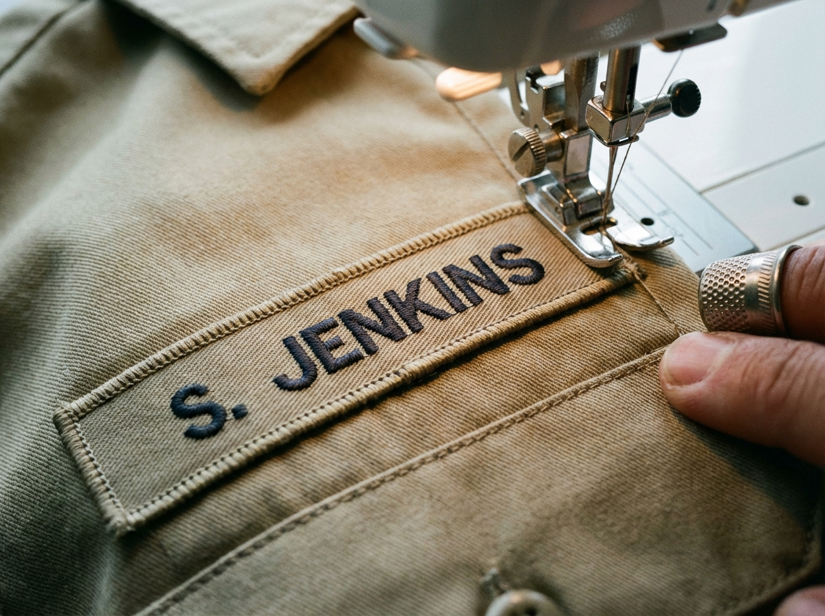 Close-up of custom embroidered name patch being sewn onto khaki work uniform shirt