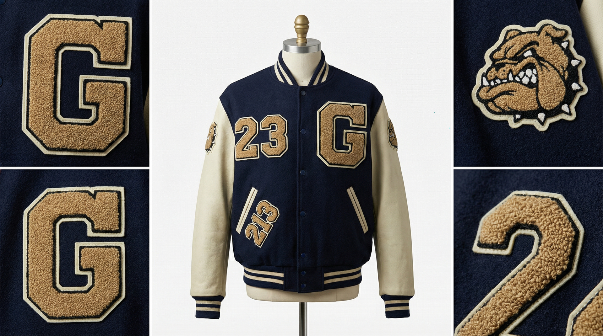 Custom chenille patches on varsity jacket showing fuzzy textured surface and dimensional quality