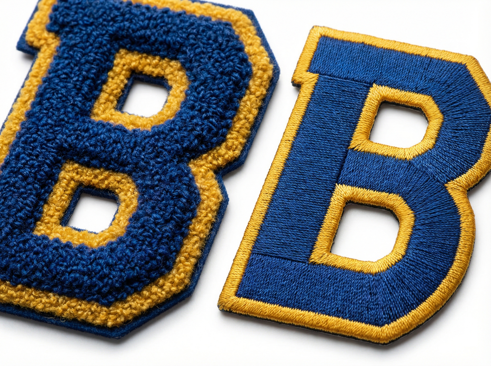 Chenille patch vs embroidered patch comparison showing textural differences