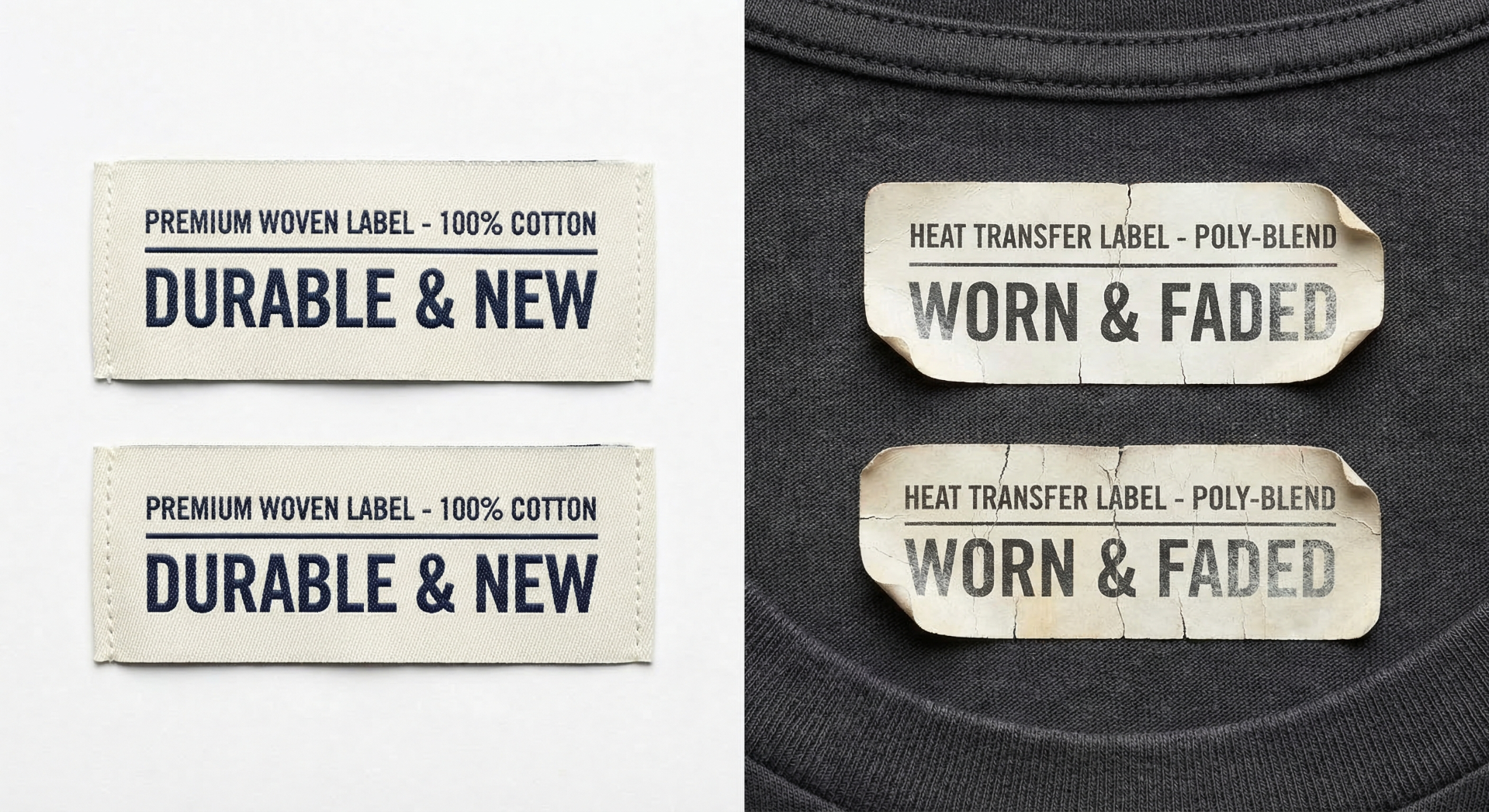 Durability comparison showing woven labels vs heat transfer labels after multiple wash cycles