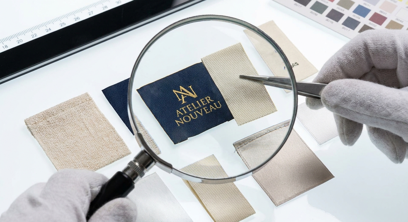 Professional quality control inspection of custom woven labels showing detailed texture and thread density