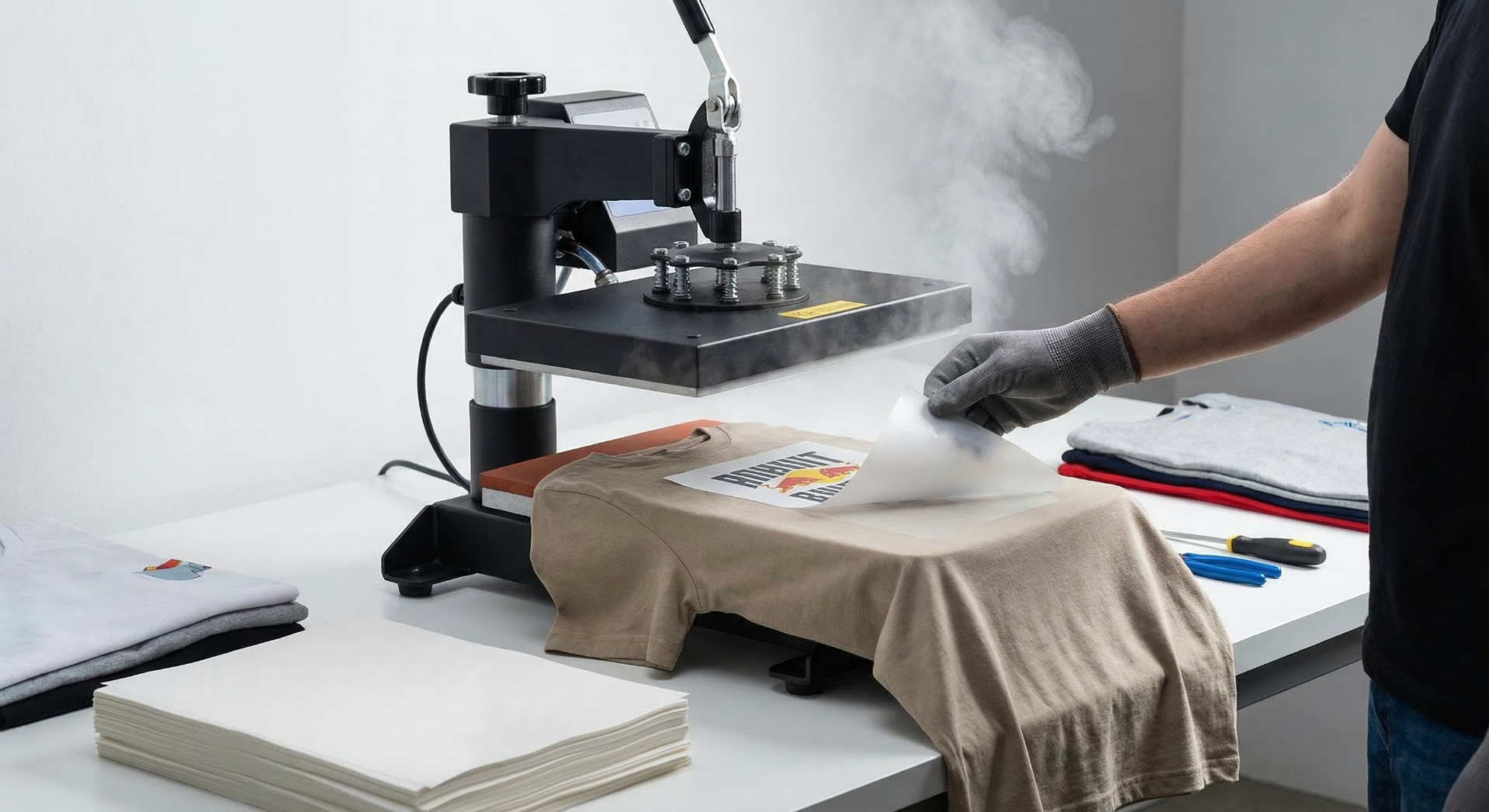 Heat transfer label application process with heat press machine