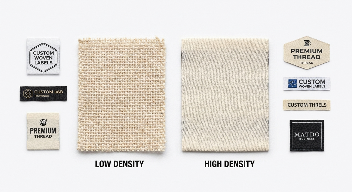 Thread density comparison showing high-quality woven labels vs lower density alternatives
