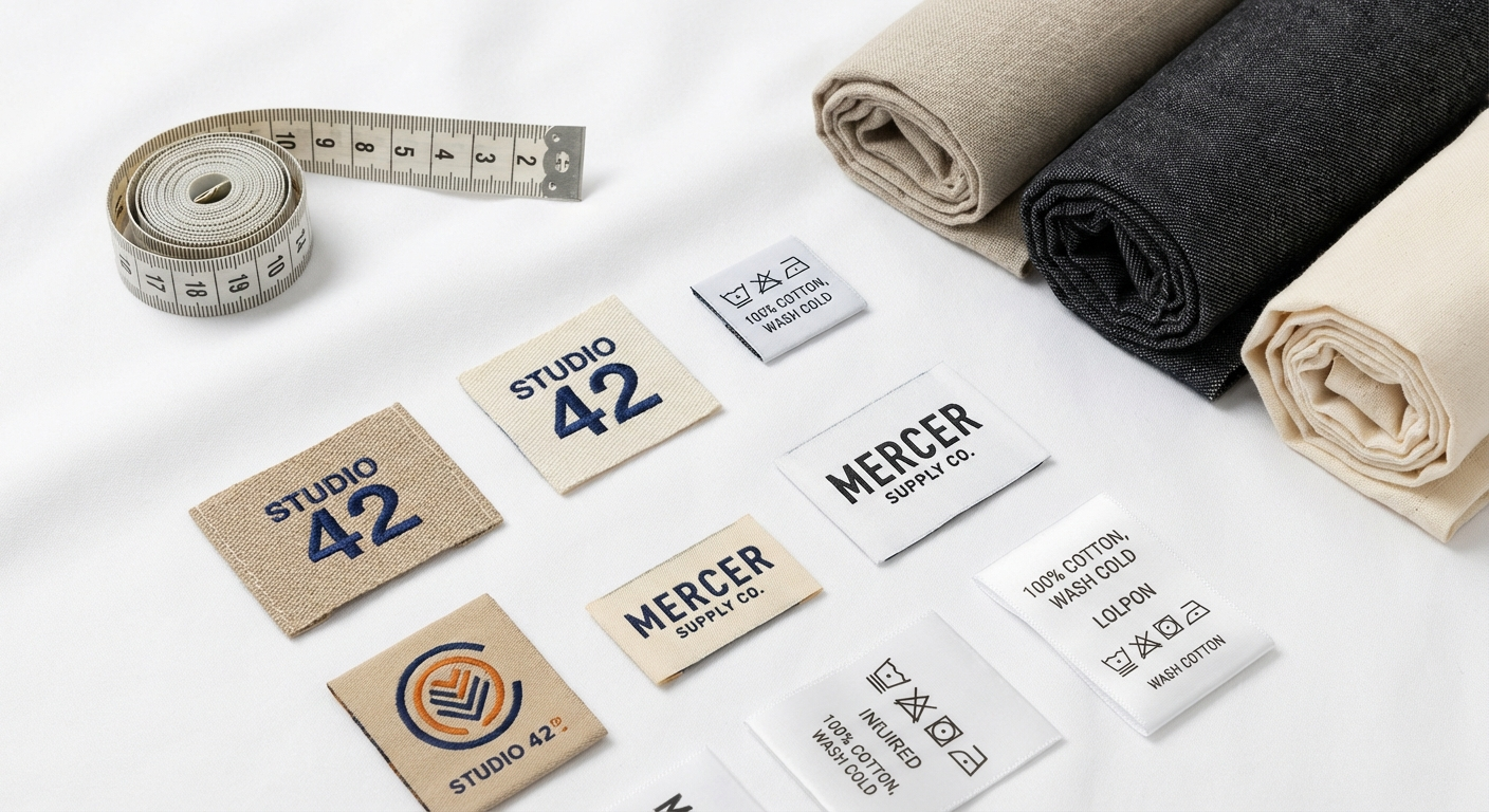Rush clothing labels including woven and printed options arranged with fabric and measuring tools