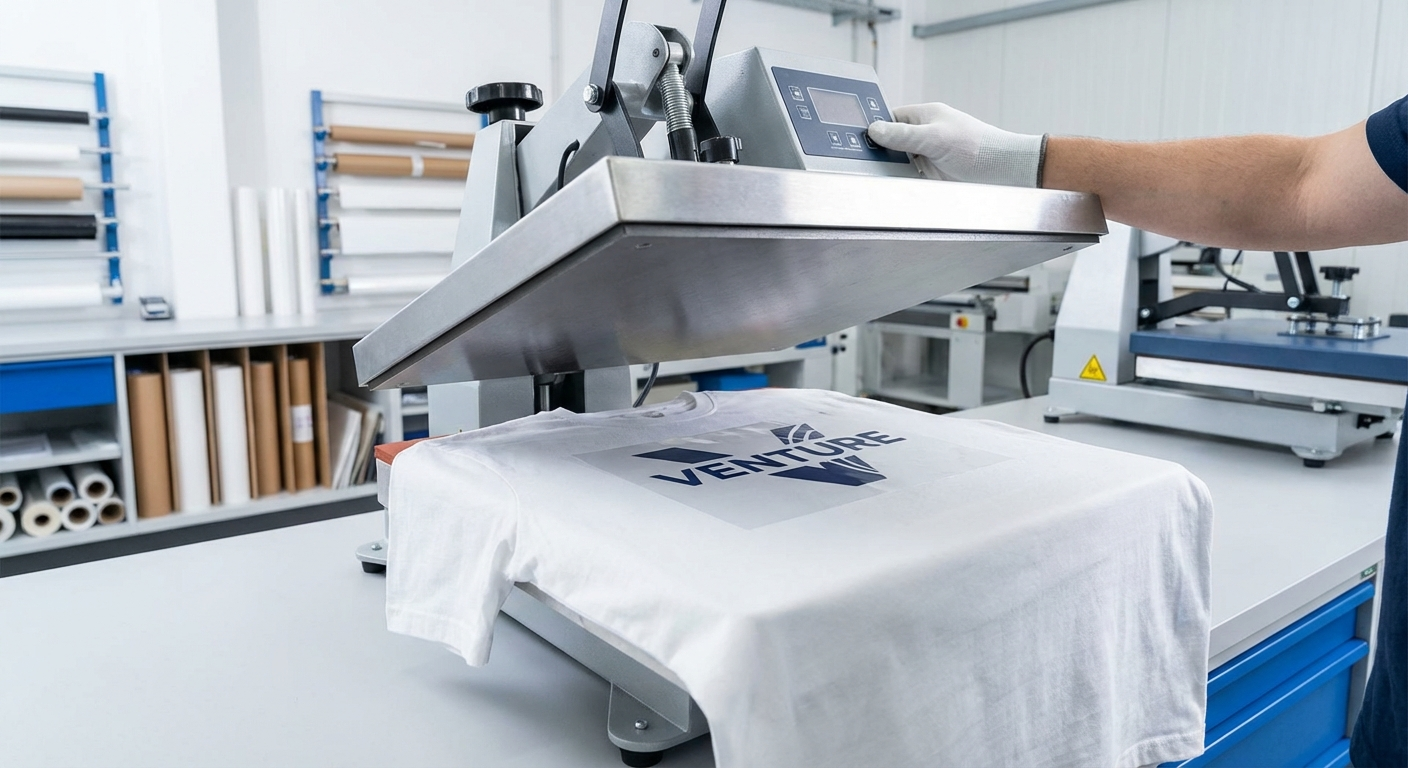 Heat transfer clothing label being pressed onto fabric for fast production