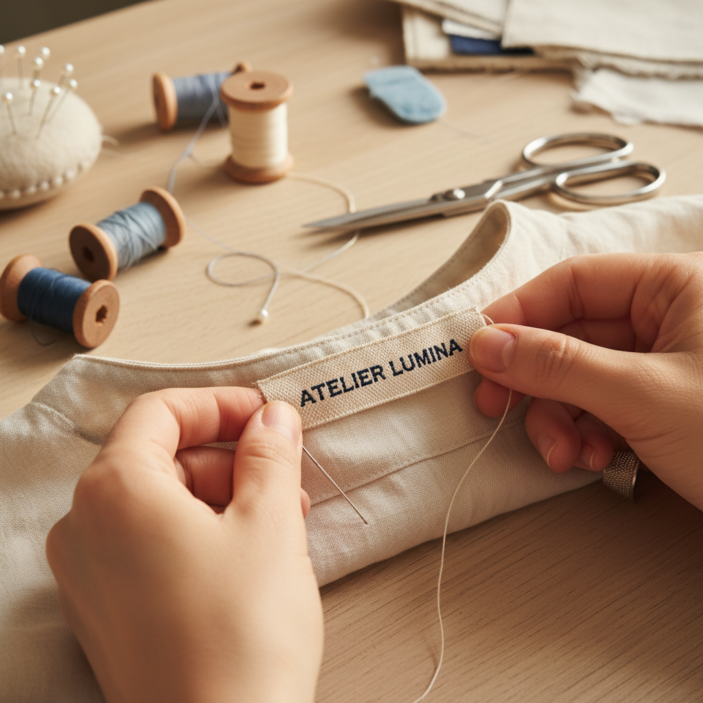 Custom woven label being sewn into the neck of a handmade garment in a maker's workspace