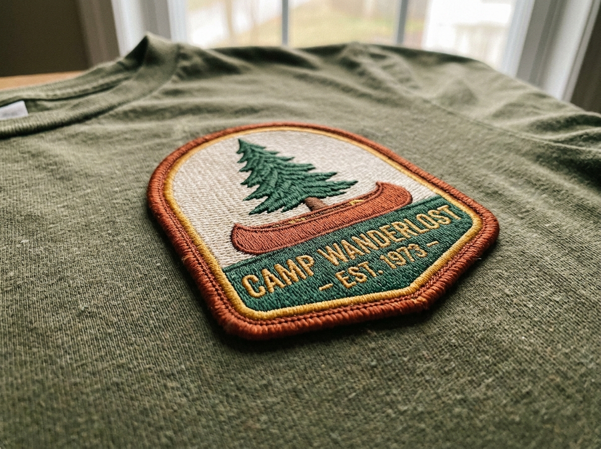 Close-up of embroidered camp patch showing dense thread texture and merrowed border