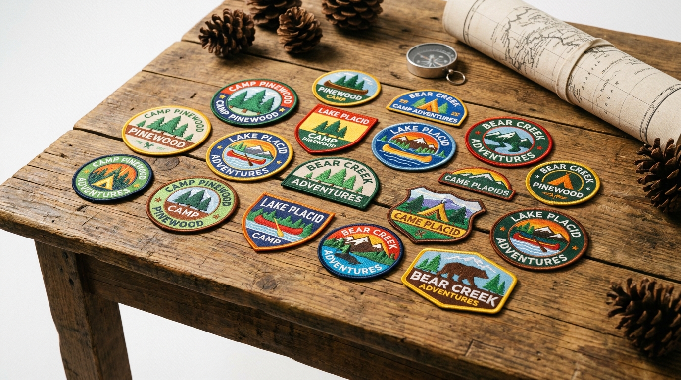 Assorted custom summer camp patches with camp logos and achievement designs